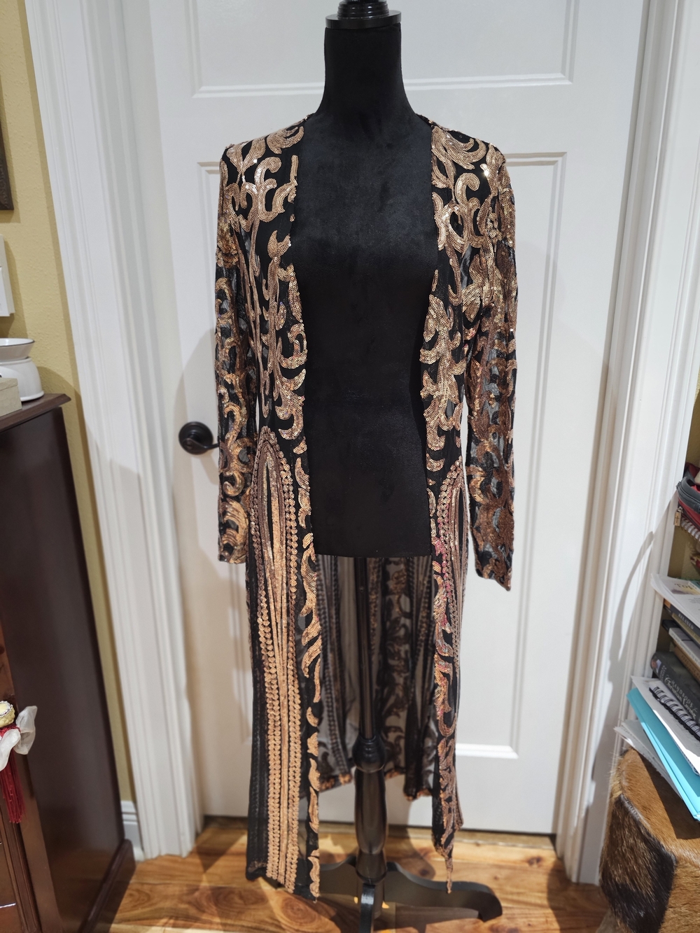 Long Black & Rose Gold Sequins Duster, NWOT